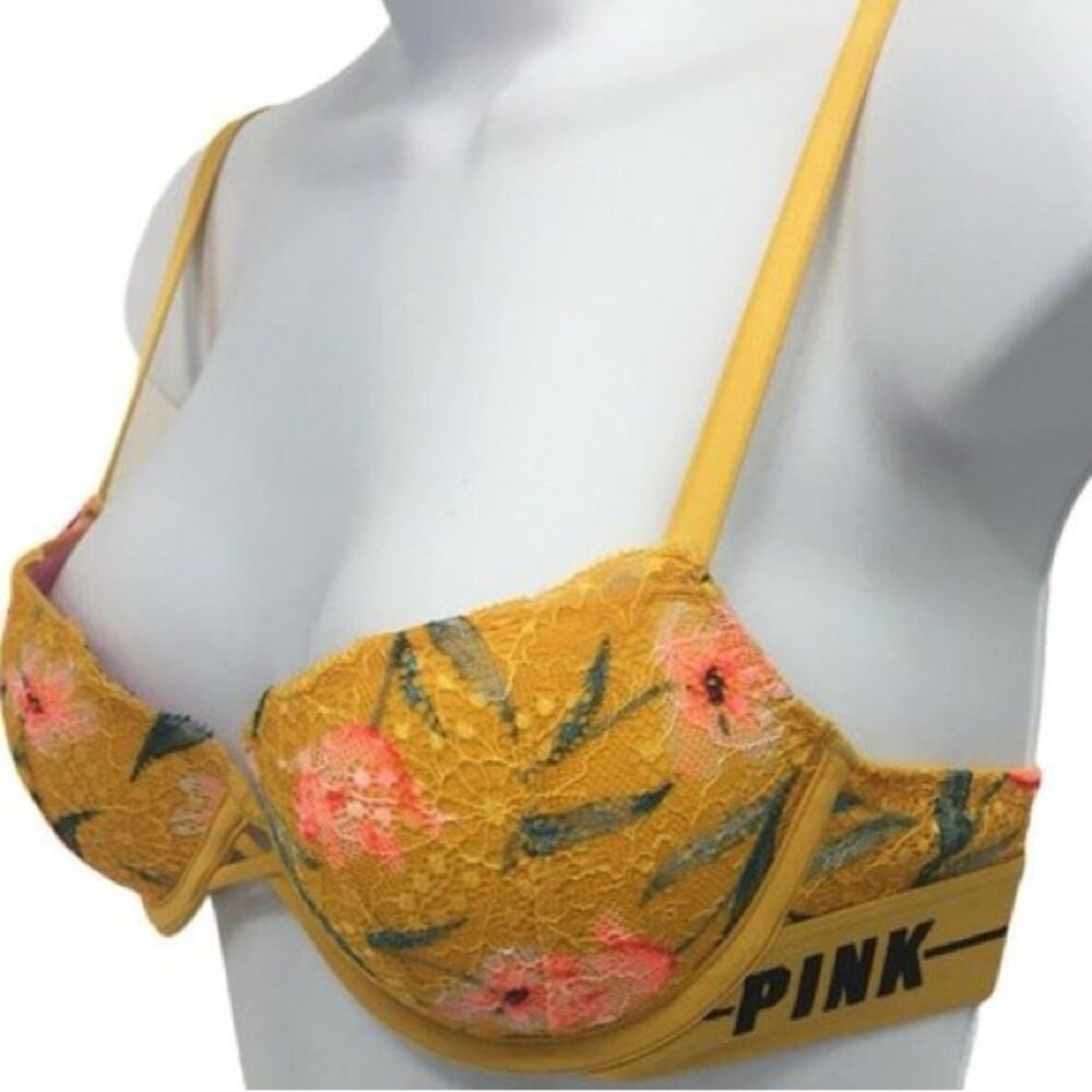 Victoria's Secret PINK Date Push Up Padded Yellow Floral Bra 34C